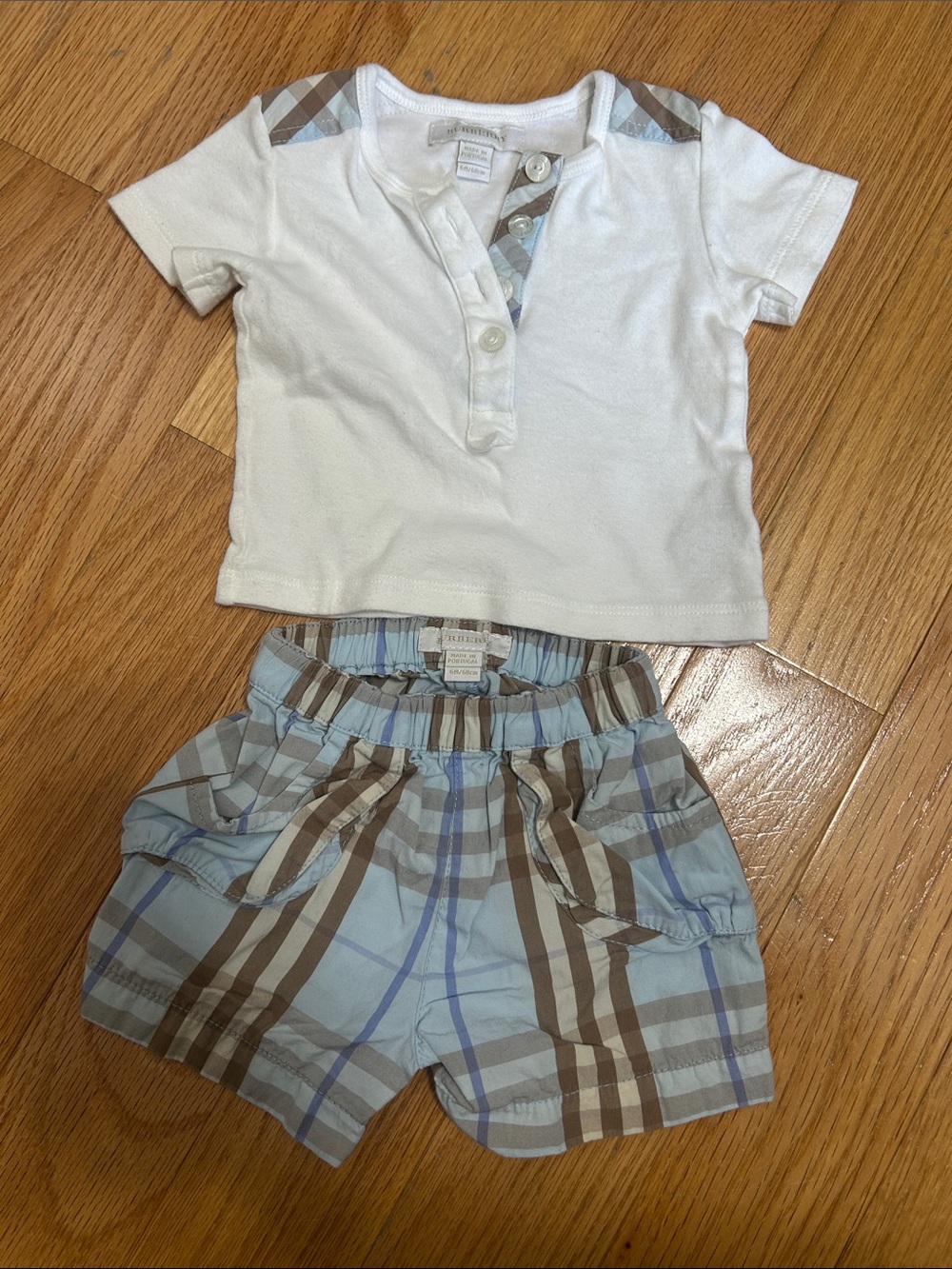 Authentic Burberry Baby Two-Piece Set with Blue Plaid Shorts
